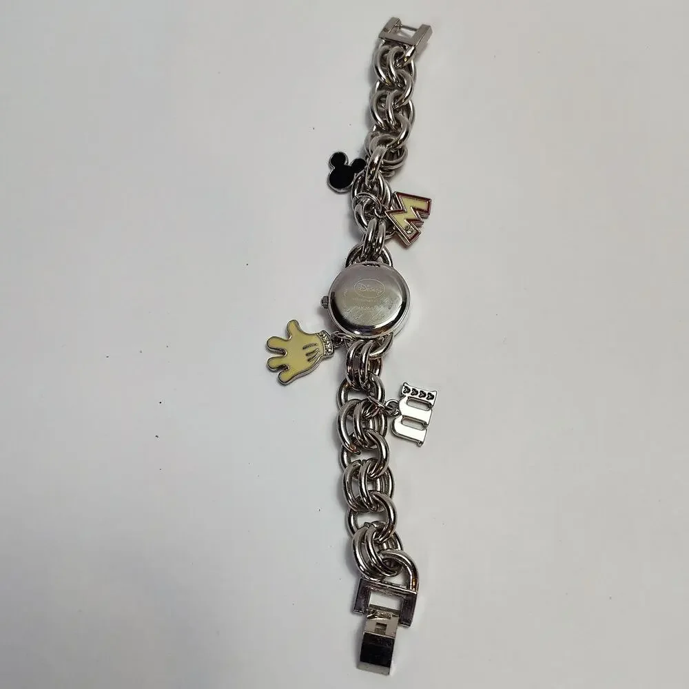 Disney Mickey Mouse Charm Bracelet Watch Silver Glove Dangle